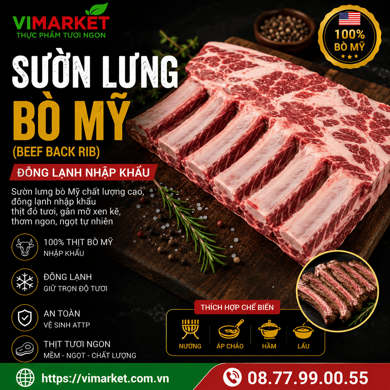 Sườn Lưng Bò Mỹ Beef Back Rib Đông Lạnh