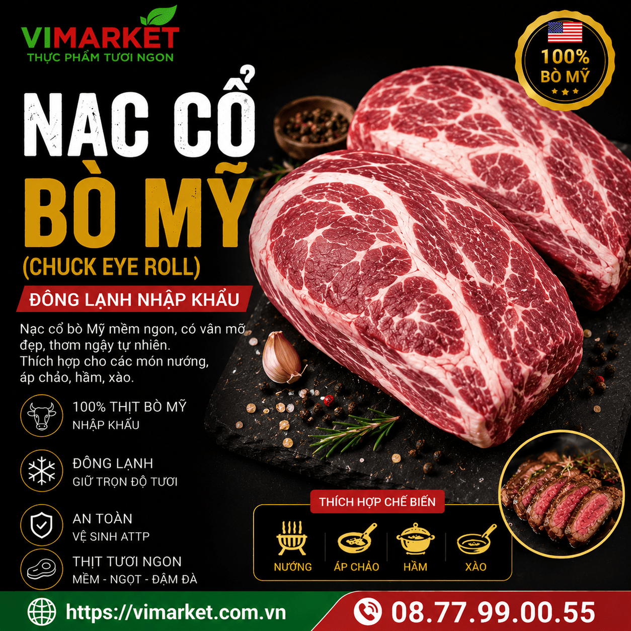 Nạc Cổ Bò Mỹ Chuck Eye Roll Đông Lạnh