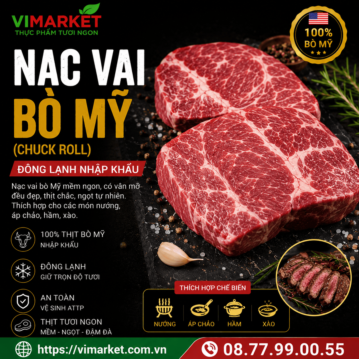 Nạc Vai Bò Mỹ Chuck Roll Đông Lạnh