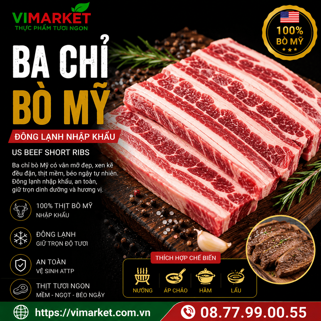 Ba Chỉ Bò Mỹ Đông Lạnh Nhập Khẩu