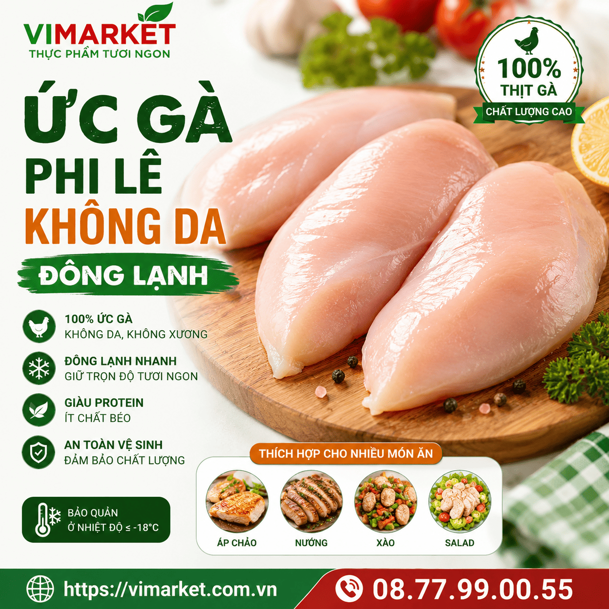 Ức Gà Phi Lê Không Da Đông Lạnh