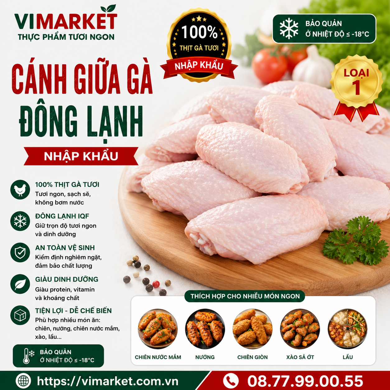 Cánh Giữa Gà Đông Lạnh Nhập Khẩu