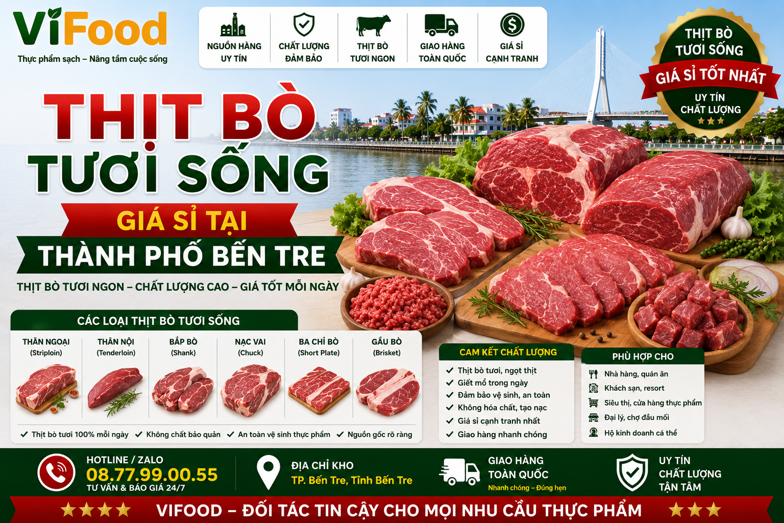 Cung cấp thịt bò tươi giá sỉ tại Thành phố Bến Tre