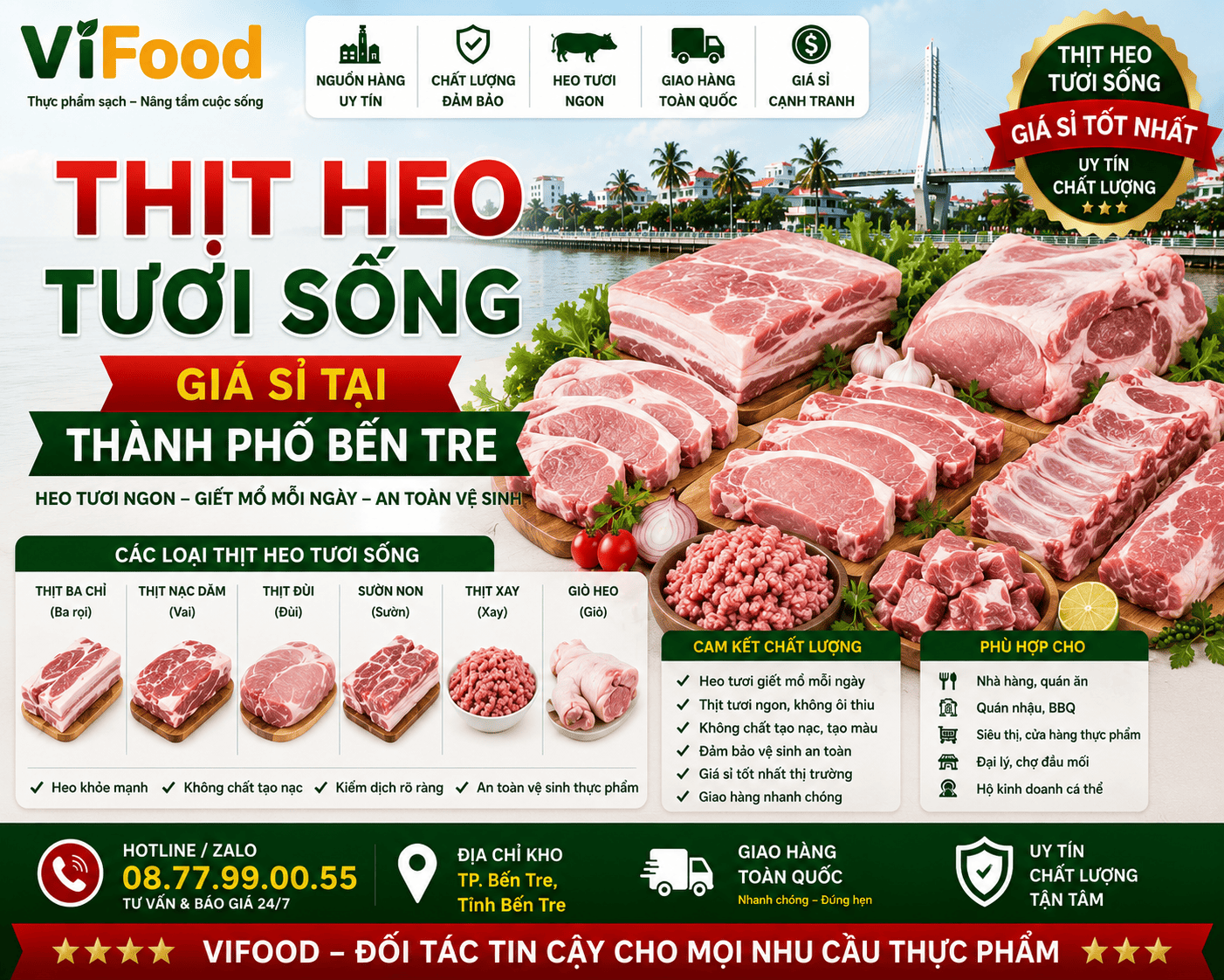 Thịt heo tươi ngon giá sỉ tại Thành phố Bến Tre