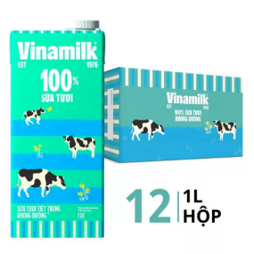Thùng 12 hộp sữa tươi tiệt trùng không đường Vinamilk Sữa tươi 100% 1 lít