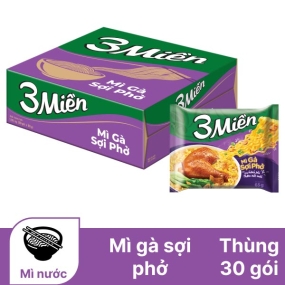 Thùng 30 gói mì 3 Miền gà sợi phở gói 65g